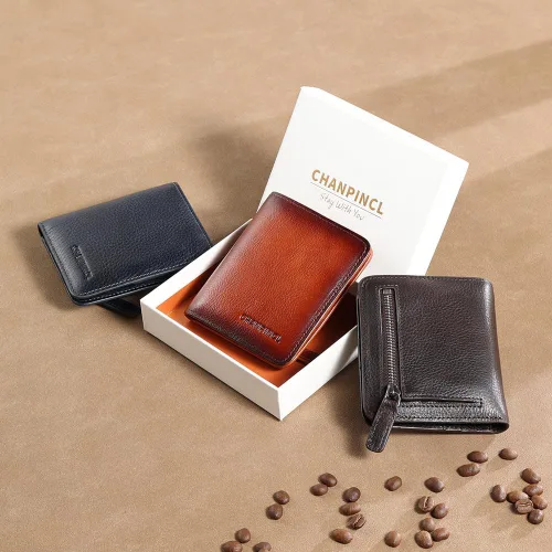 Miniatura 6 de Cartera de cuero con cremallera para hombre, con bloqueo RFID, mini billetera portátil con múltiples ranuras para tarjetas para billetes, Café
