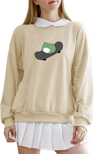 Miniatura 2 de Sudadera casual de skate de rana para mujer, manga larga, cuello con bolsillo, para adolescentes y niñas