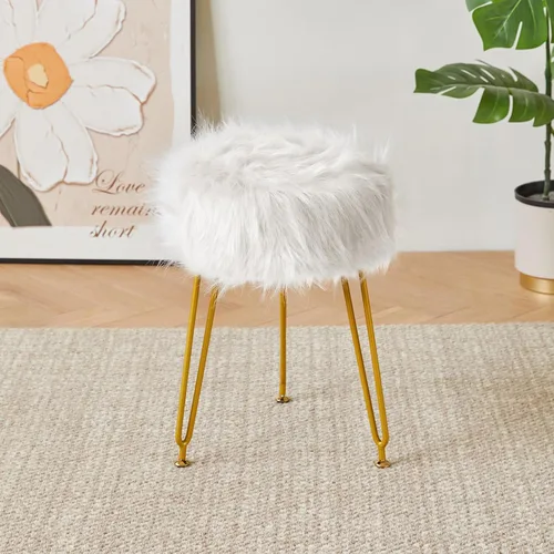 Miniatura 11 de IBUYKE Taburete de Vanidad Redondo de Piel Sintética con Almacenamiento, Silla Otomana de Maquillaje Peluda, Asiento Acolchado Suave, Reposapiés