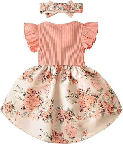 Miniatura 4 de Vestido de niña recién nacida, floral, manga con volantes, casual, vestido de playa, vestido de princesa con falda de princesa, vestidos de verano
