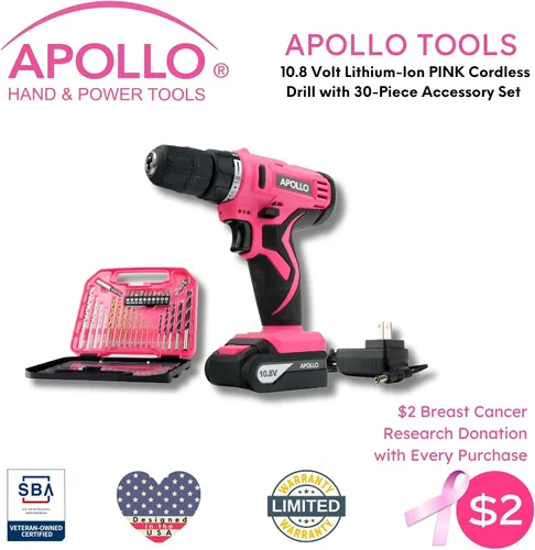 Miniatura 3 de Apollo Tools Potente taladro inalámbrico ligero, batería de iones de litio de 10.8 con juego de brocas de accesorios de 30 piezas, cinta rosa, rosa