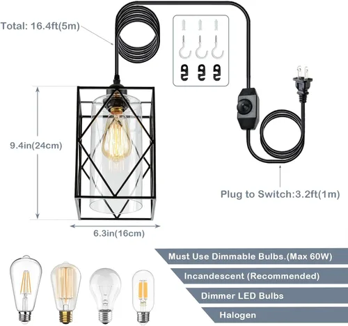 Miniatura 3 de HMVPL Lámpara Colgante Enchufable con Interruptor Regulador, Luminarias Colgantes Estilo Granja para Exteriores para Cenador y Porche, Lámpara
