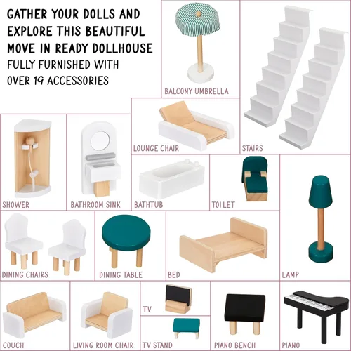 Miniatura 8 de Lil' Jumbl Casa de muñecas de madera para niños, incluye 17 piezas de accesorios y muebles, con balcón y escaleras, casa de muñecas de 3 pisos fácil