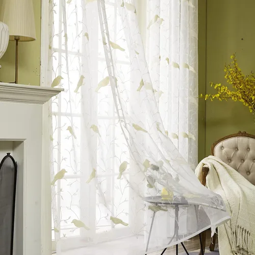 Leeva Cortinas traslúcidas bordadas con diseño de pájaros, para tratamiento de ventana, cortinas de gasa semi filtrantes de luz para dormitorio,