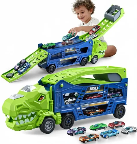 Miniatura 9 de Juguetes de Camión de Dinosaurios para Niños de 3-5 - Camión Transportador con 6 Autos de Juguete Fundidos a Presión, Camión 3 en 1 con 2 Pistas