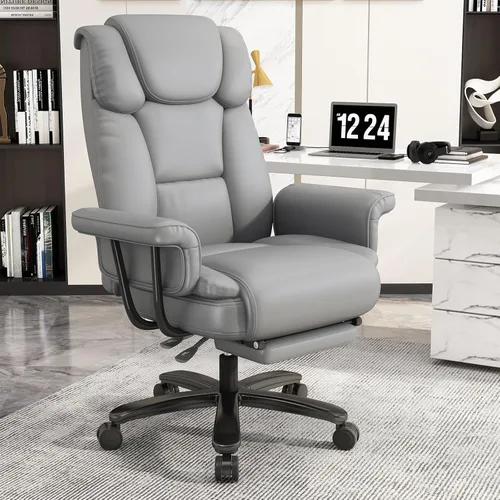 Miniatura 10 de GYI Silla de oficina reclinable 160 con reposapiés, silla de escritorio grande y alta, color negro Asiento con patas cruzadas, respaldo alto, piel