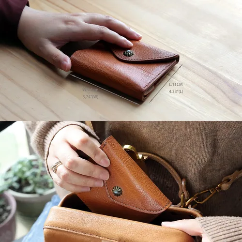 Miniatura 4 de IJUN Billetera pequeña plegable de cuero de grano completo para mujer, piel de vaca curtida vintage, Naranja, Casual