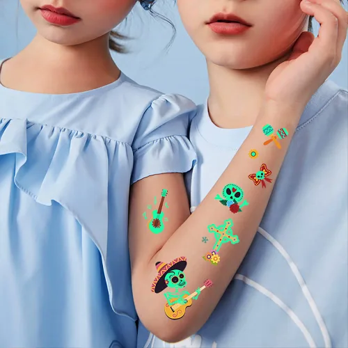 Miniatura 3 de 10 piezas de 100 tipos de tatuajes temporales luminosos de dibujos animados para niños, esqueletos de azúcar, esqueletos, piedras preciosas, flores
