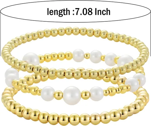Miniatura 2 de Pulsera de cuentas de oro para mujer, apilable, chapada en perlas, juego de pulseras elásticas para mujer, a la moda