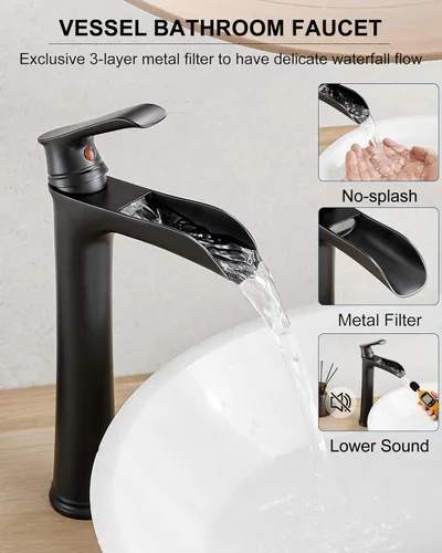 Miniatura 2 de Grifo de Lavabo de Baño Cascada, Grifo de Baño Alto de Latón Negro de Una Sola Manija para Lavabo, Grifos de Baño de Un Orificio Mezclador Grifo