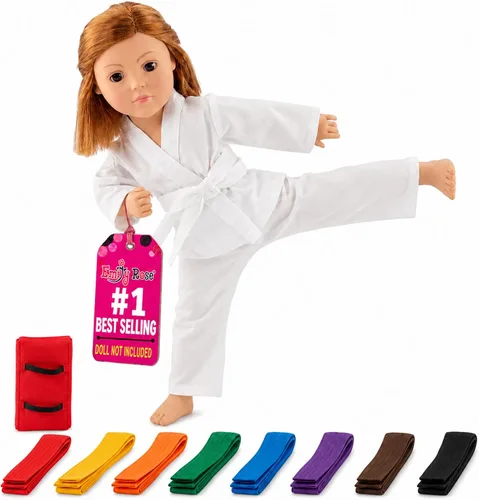 Emily Rose - Conjunto de 11 piezas de ropa y accesorios para muñecas de taekwondo de artes marciales de 18 pulgadas con 9 cinturones de