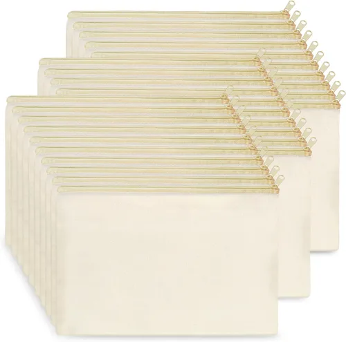 Miniatura 35 de Koolmox 20 bolsas de lona beige con cremallera negra, bolsa de artículos de tocador de lona de algodón, bolsas de cosméticos lisas a granel