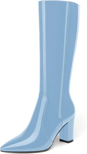 Miniatura 92 de AMBELIGHT Botas altas hasta la rodilla con cremallera y puntera puntiaguda para mujer, de patente sólida, tacón alto, 3.3 pulgadas