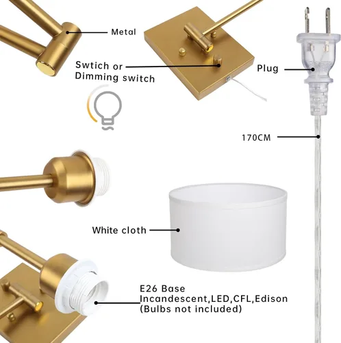 Miniatura 5 de Aplique de pared con cable enchufable de tela vintage, lámpara de pared con brazo oscilante para interiores con interruptor de encendido/apagado