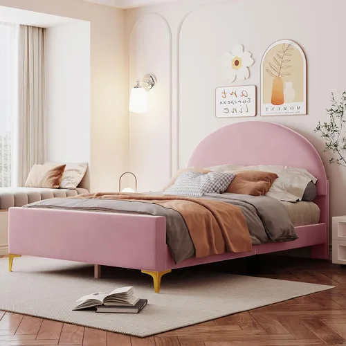 Miniatura 30 de Cama de plataforma tapizada de tamaño individual con cabecero en forma de oso y rayas de luz incrustadas, bonito marco de cama de plataforma