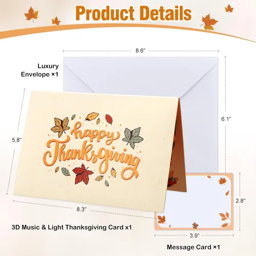 Miniatura 6 de D4DREAM Tarjeta musical de Acción de Gracias con luz, tarjetas y sobres de Acción de Gracias 3D para adultos, niños, novio, novia, decoración
