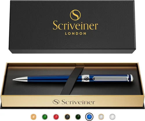 Scriveiner Bolígrafo azul medianoche, impresionante bolígrafo de lujo lacado azul, acabado cromado, repuesto Schmidt negro, el mejor juego de regalo