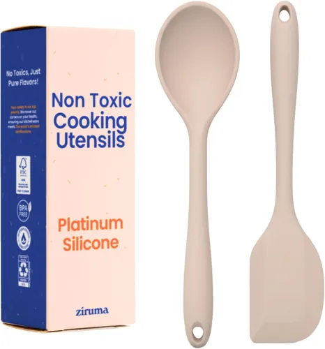 Juego de 2 utensilios de cocina de silicona de platino no tóxico – Cuchara de cocina y espátula antiarañazos, 100% libre de plástico, núcleo de