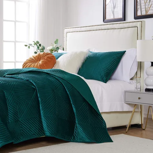 Miniatura 3 de Greenland Home Fashions Juego de edredón de terciopelo finamente cosido, 3 piezas King/Cal King, color verde azulado Riviera Riviera Teal