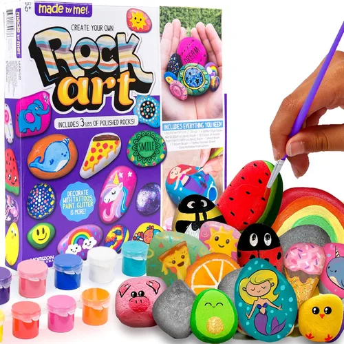 Made By Me Kit de arte rupestre, kit de arte y manualidades de pintura rupestre, incluye 3 libras de rocas y 12 pinturas, gran actividad de verano o
