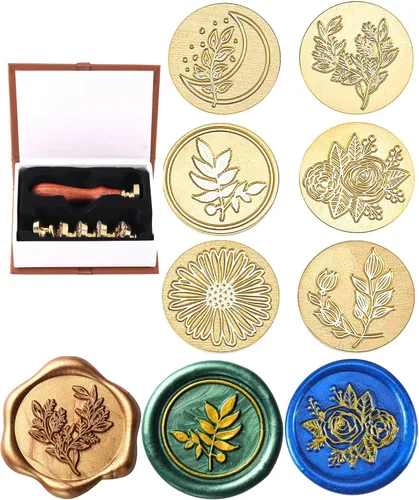 Miniatura 14 de Juego de sellos de cera Yoption, 6 sellos de cera de cobre + 1 kit de sellos de cera de madera vintage retro clásico, kit de sello de cera