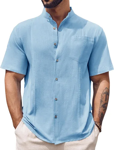Makkrom Camisa guayabera de lino para hombre, con botones, manga corta, casual, cubana, mexicana, cuello de banda, tops de verano para la playa