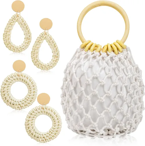 Sweetude Mini bolso de mano de mano, 2 pares de aretes de ratán para mujeres y niñas, bolso de mano tejido bohemio con cordón