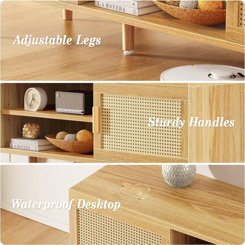 Miniatura 9 de SUPERJARE Soporte de TV bohemio para TV de 65 pulgadas, centro de entretenimiento con estante ajustable, consola de TV de ratán con 2 gabinetes