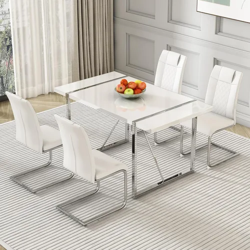 Miniatura 9 de Juego de mesa de comedor para 4, juego de mesa de cocina rectangular de MDF blanco con sillas de comedor de cuero, juego de 4, juego de mesa