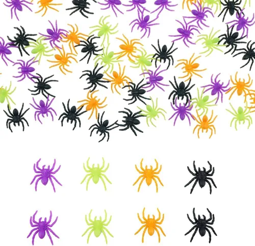 SaktopDeco 100 arañas coloridas de plástico, pequeñas arañas realistas de 4 colores, mini arañas falsas para decoración de Halloween, hogar y fiesta