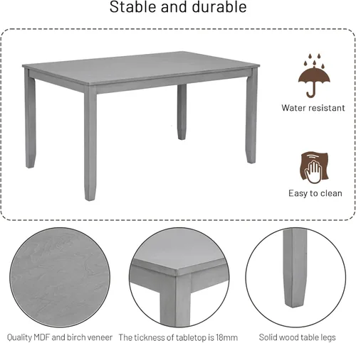 Miniatura 5 de Elegante juego de mesa de comedor de madera de 6 piezas con 4 sillas de respaldo de listones y un banco, juego de mesa de comedor de cocina para 6