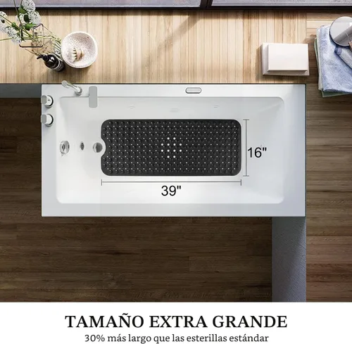 Miniatura 4 de Tapetes para tina y regadera, extralargas, antideslizantes, 39 x 16 pulgadas, lavables a máquina, con ventosas y orificios de drenaje para baño