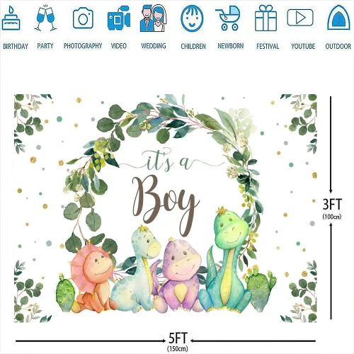 Miniatura 3 de Decoraciones de dinosaurio para baby shower para niño, telón de fondo de dibujos animados, cactus y hojas de eucalipto, fondo de fotografía