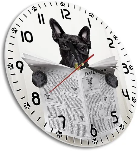 Miniatura 4 de Reloj de pared divertido de perro bulldog francés de 12 pulgadas para tienda de mascotas, batería silenciosa sin tictac, fácil de leer periódico