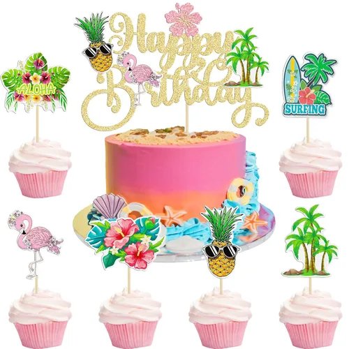 Miniatura 17 de Gyufise 1 pieza de decoración de pastel de feliz cumpleaños tropical hawaiano Luau pastel Pick Glitter Flamingo Flower Plam Leave Pineapple Cake