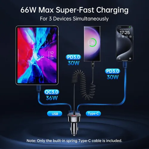 Miniatura 4 de Syncwire Cargador de coche USB C con [prevención de fugas de batería] Adaptador de coche súper rápido de 66 W con PD y QC 3.0 Cable en espiral tipo