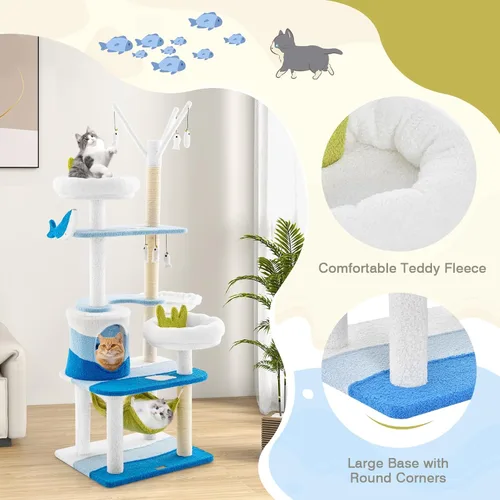 Miniatura 4 de PETSITE Árbol para gatos con temática oceánica para gatos de interior, torre para gatos de varios niveles con postes rascadores de sisal natural