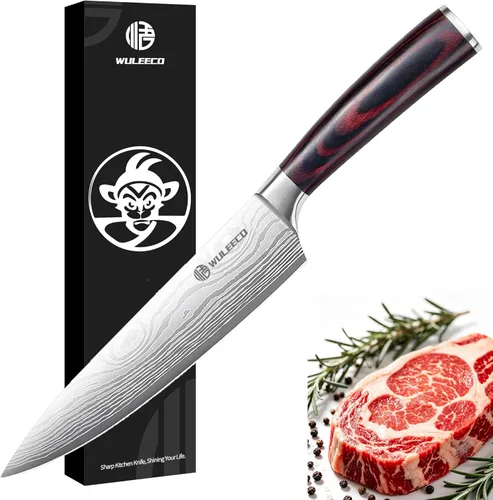 Cuchillo de chef de 8 pulgadas, cuchillo de cocina afilado de acero inoxidable de alto carbono, cuchillo Gyuto mango ergonómico de madera, cuchillo