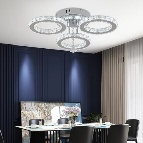 Miniatura 9 de Deckrico Moderno candelabro de cristal de montaje empotrado, lámpara de techo colgante de acero inoxidable de 3 anillos redondos para sala de estar