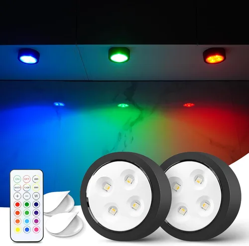 Miniatura 11 de Luces de disco con control remoto debajo del gabinete, luces de empuje que funcionan con pilas, mini luces LED sobre el gabinete, paquete de 2