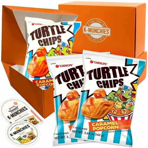 K-Munchies Orion Turtle Chips – Bolsa grande de 3 x 160 gramos de sabor a caramelo con sabor a palomitas de maíz, chips coreanos grandes, tamaño