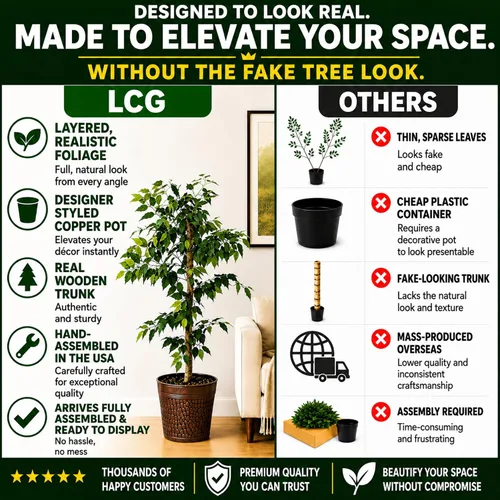 Miniatura 3 de LCG Florals - Árbol artificial de ficus de 4 pies en maceta de metal de cobre, planta de interior sintética con tronco de madera real, totalmente