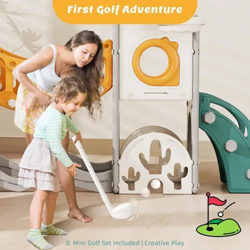 Miniatura 3 de Conjunto de juegos de parque infantil para niños pequeños con arco de escalada, juego de golf, tobogán y aro de baloncesto - Juguetes