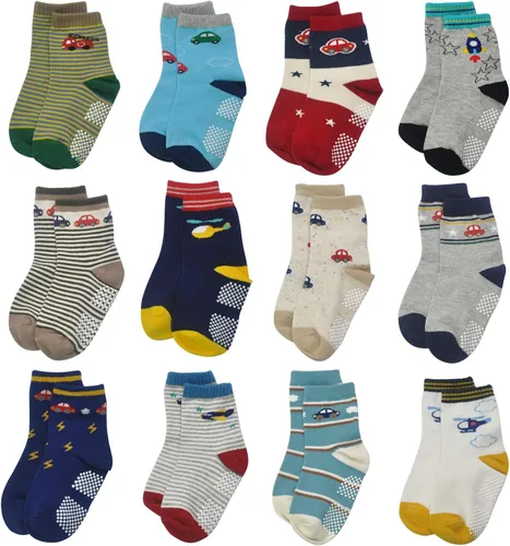 Calcetines SkiBeaut para niño, 12 pares de calcetines antideslizantes para niño, calcetines de algodón con adherencia para niños de 1-3 3-5 5-7
