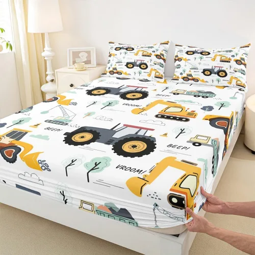 Miniatura 29 de Manfei Juego de sábanas para niños con diseño de coches de dibujos animados, tamaño individual, juego de ropa de cama con vehículos de construcción