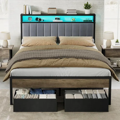 Miniatura 10 de AMERLIFE Base de cama individual con luz LED y 2 cajones de almacenamiento, plataforma de metal con cabecera de almacenamiento, tapizada