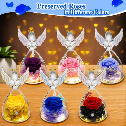 Miniatura 7 de Flores de cumpleaños para mujer: regalo de rosa preservada para mamá, abuela, esposa, amiga, enfermera; figuras de ángel de cristal con luz LED