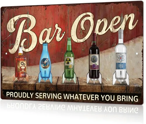 Putuo Decor Vintage Bar Sign, Bar Open Proudly Serving Whatever You Bring Metal Plaque, Retro Rocket Bottle Themed Wall Decor for Man Cave Bar