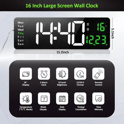 Miniatura 2 de Reloj de pared digital grande, reloj de pared digital de 16 pulgadas con hora, fecha, temperatura, semana, temporizador, 12/24 horas, atenuación