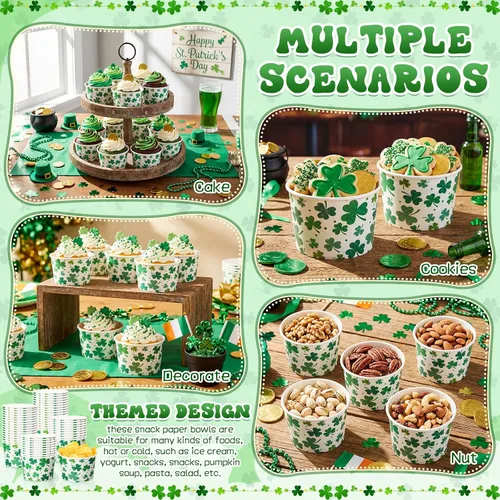 Miniatura 5 de Potchen Paquete de 50 tazas de sopa desechables de papel de 9 oz para el Día de San Patricio, tazas de postre desechables irlandesas, tazas